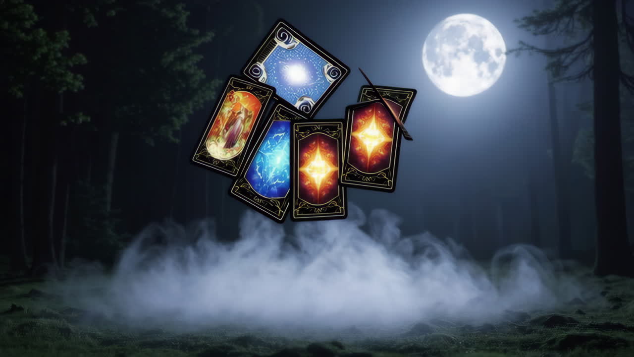 Tarot Cards in a Mystical Forest at Night