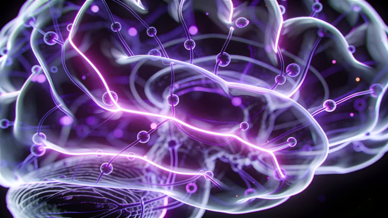 Translucent brain receiving medical input, showing pulsing paths peaking then fading, lit nodes