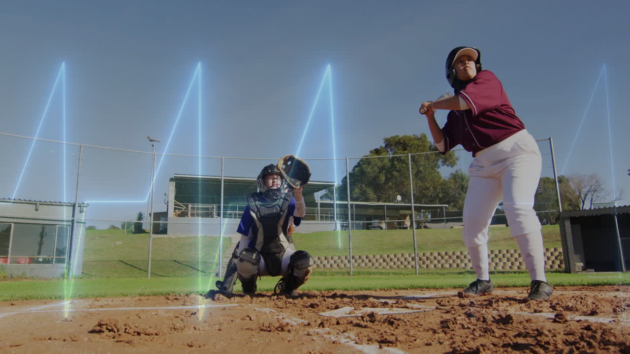 Baseball player preparing to bat with catcher crouching behind home plate animation
