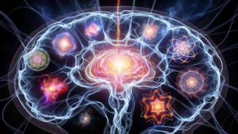 an artistic representation of cosmic energy flowing through a brain, illustrating the complex interplay of thoughts, emotions, and the universe's mysteries