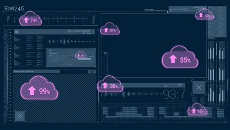 Animación-De-Iconos-De-Nubes-Y-Procesamiento-De-Datos-Sobre-Fondo-Oscuro