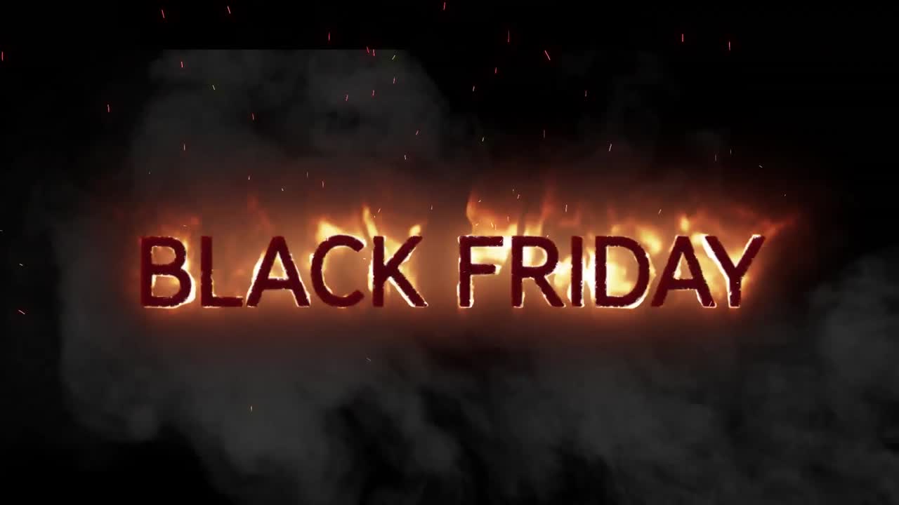 animación de texto naranja en llamas viernes negro, con humo en fondo negro