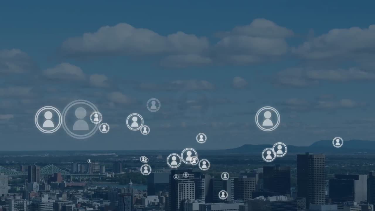 배경 에 도시 가 있는 사람 들 의 로고 의 애니메이션