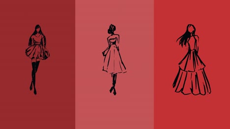 animation of fashion drawings of model on red background