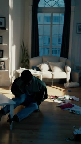 man walking and sitting in a living room
