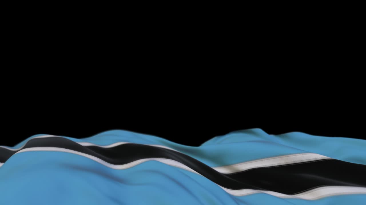 bandera de tela de botswana ondeando en el bucle del viento. botswana bordado costurado estandarte de tela balanceándose en la brisa. fondo negro medio lleno. lugar para el texto. bucle de 20 segundos.