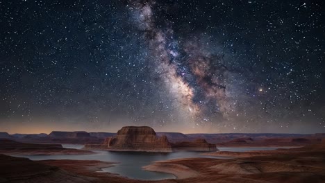 milky way over a desert landscape with water and rock formations at night