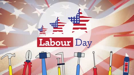 Animation-of-labor-day-text,-with-stars-and-stripe-stars-and-tools,-over-american-flag,-on-blue