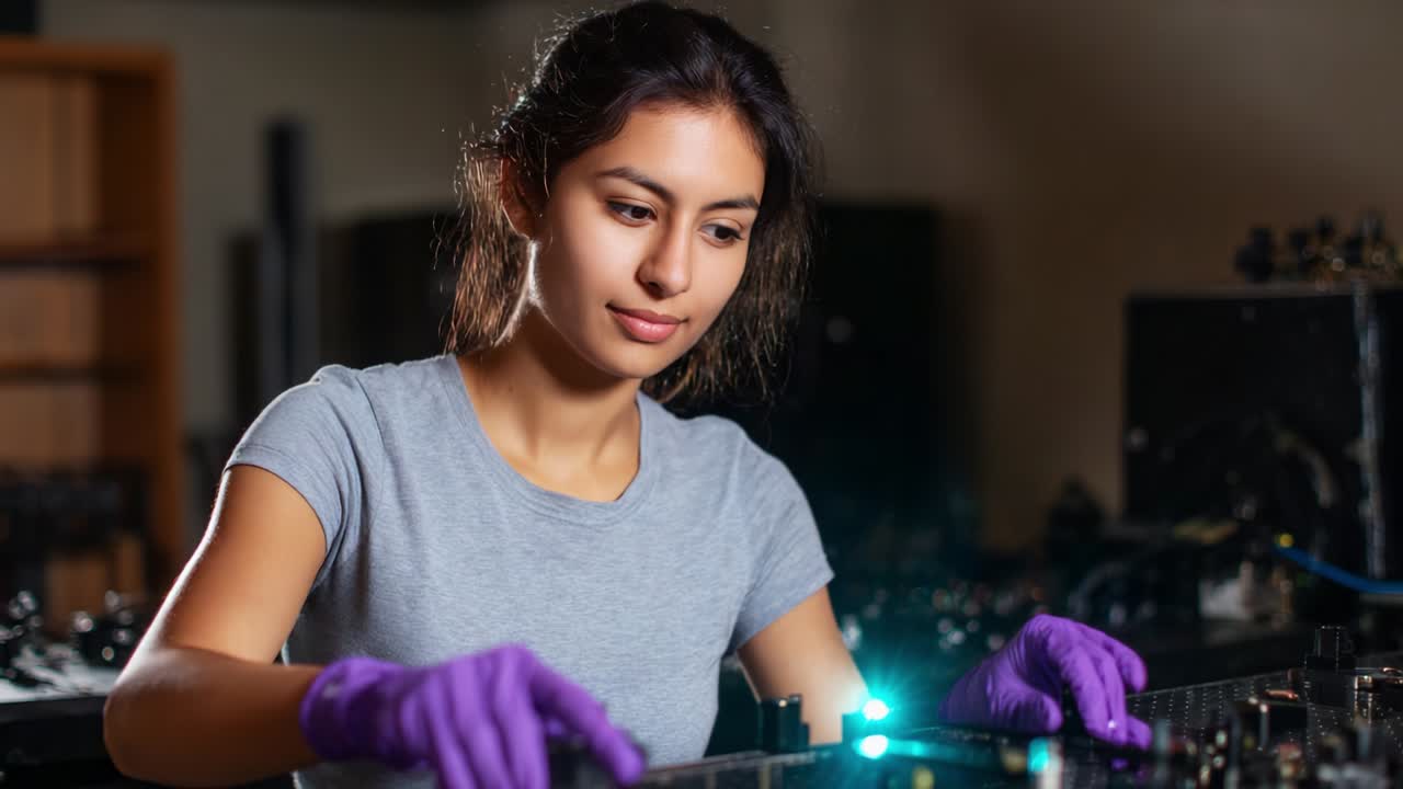 A young woman in gloves conducts a scientific experiment in a laboratory, carefully manipulating equipment to produce vibrant green laser light effects, showcasing her skills in technology and innovation