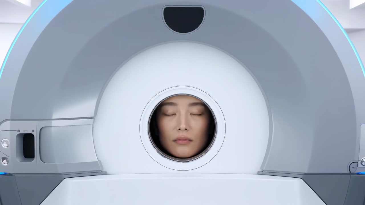 Vista frontale di un moderno scanner per immagini mediche in una luminosa sala clinica bianca, che mostra il volto calmo di una donna centrato all'interno di un'apertura circolare, occhi chiusi, con una luce d'accento blu fredda, liscio