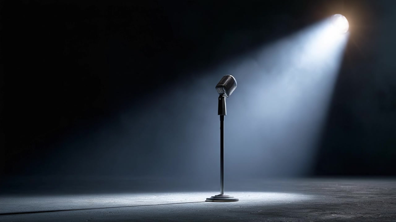 Un riflettore sulla creatività: il microfono solitario rimane il fulcro in una scena vuota, evocando l'attesa di una performance nella penombra.