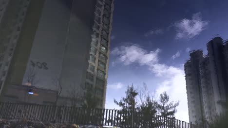 vista de los edificios y el puente en el reflejo de un estanque
