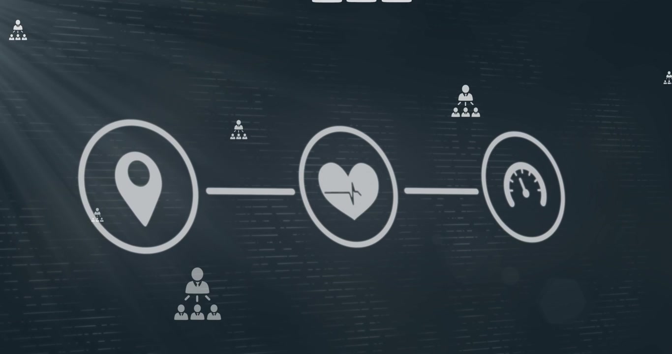 Animation of icons and network of connections over black background
