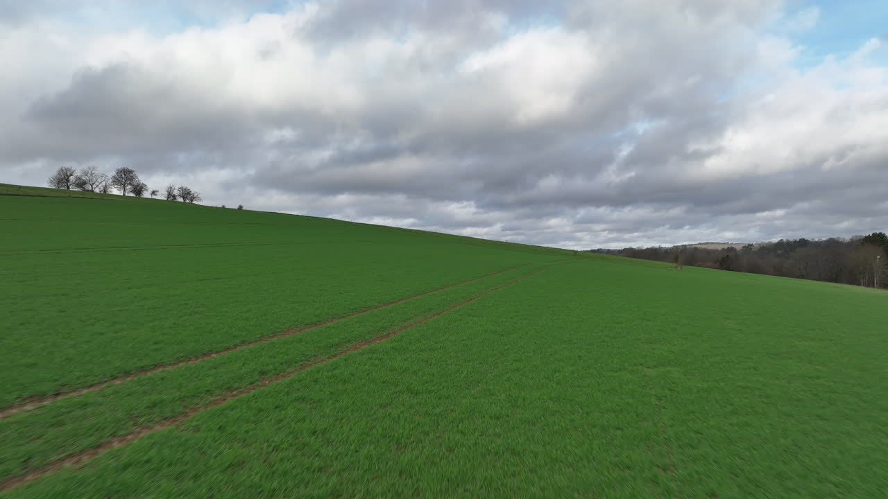 Green fields landscape aerial shot cloudy day Belgium Dinant