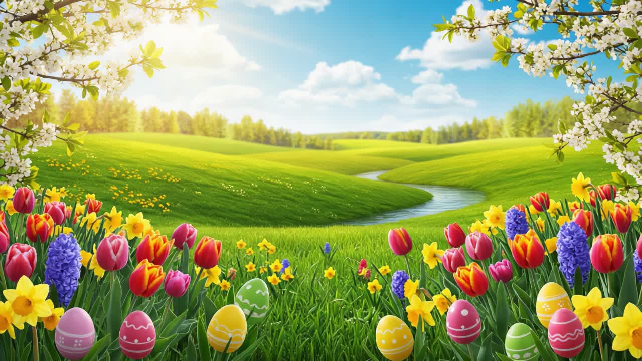 A Colorful Spring Landscape Featuring Vibrant Flowers and Easter Eggs Amidst a Scenic Meadow with Blooming Trees and a Gentle Stream Beneath a Bright Sky