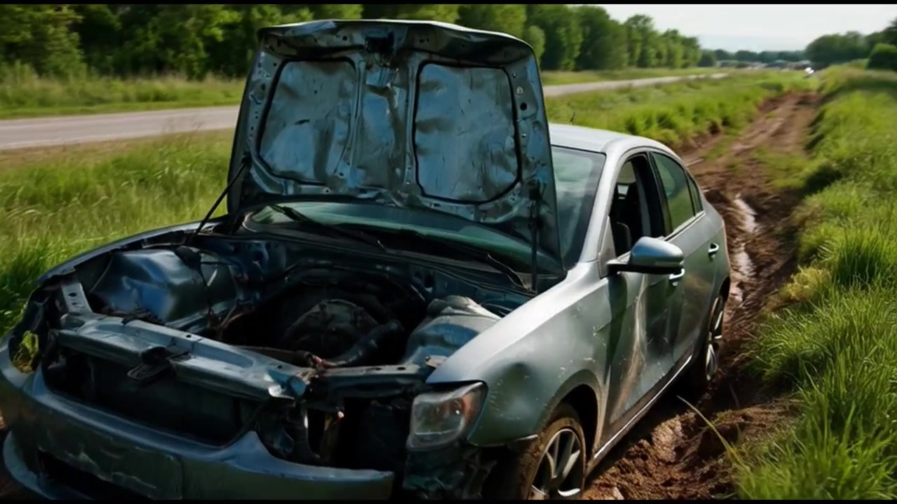 Voiture endommagée abandonnée sur le bord d'une route de campagne