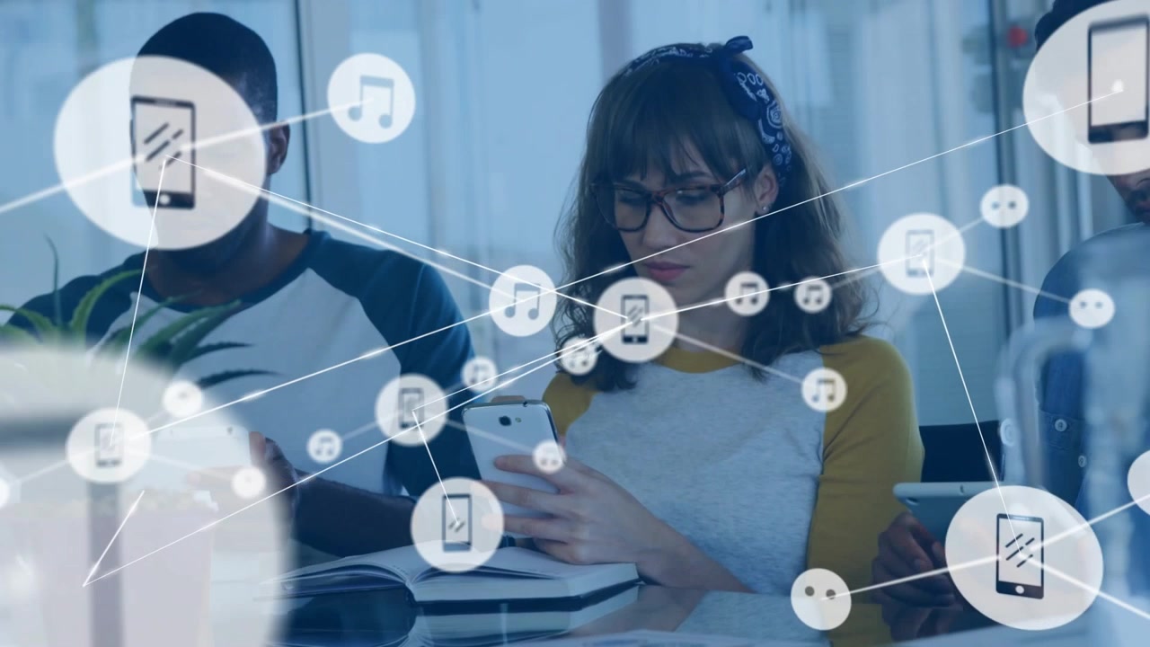 Team at glass table tapping pads, lead tapping phone starting network links showing tech flow