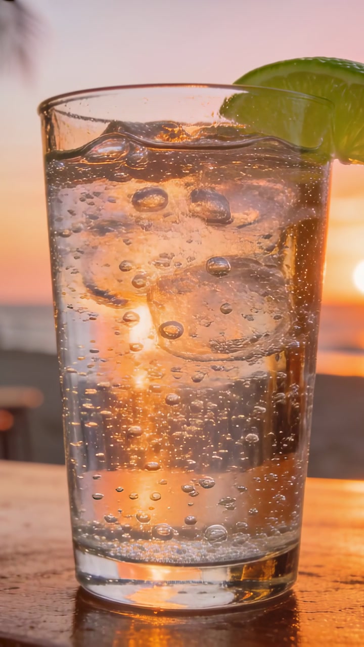 Vertical video: Bubbling tall clear glass making sun glow as sun sinking at shore table, lime wedge