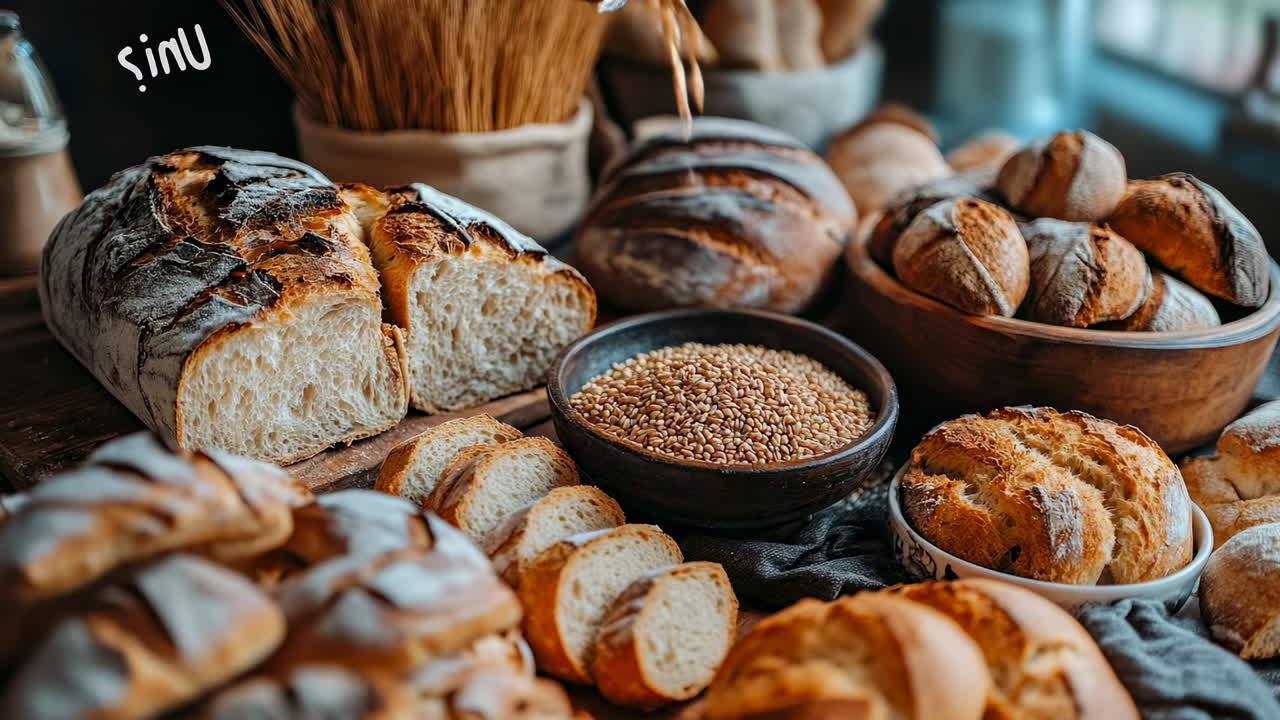 Freshly baked bread and grains display. Freshly baked loaves and rolls sit on a table as grains pour into a bowl, highlighting bakery delights