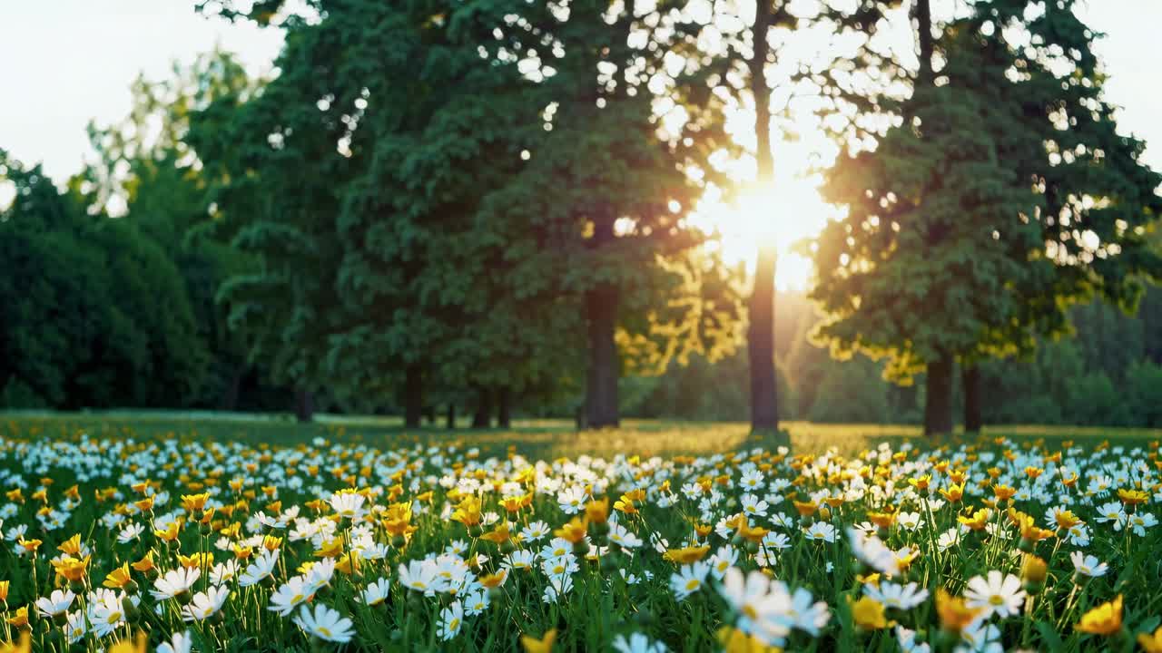 A serene video scene of a sunlit meadow with daisies, captured from a low angle