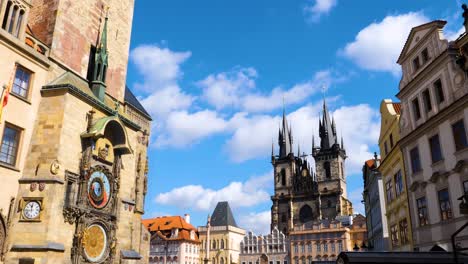 Prague-Astronomical-Clock,-Church-of-Our-Lady-before-Týn,-The-Stone-Bell-House-and-Marian-column-in-Old-Town-square