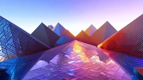 experimente la cautivadora vista de vibrantes pirámides que reflejan la luz del sol en un entorno futurista, mostrando una fascinante transición del amanecer a la luz del día.