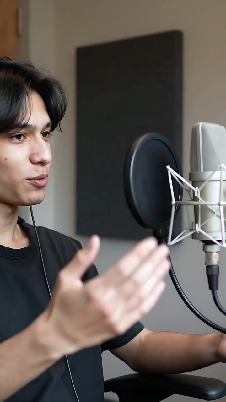Video verticale: Uomo in maglietta nera con cuffie inizia a registrare la voce al microfono in studio.