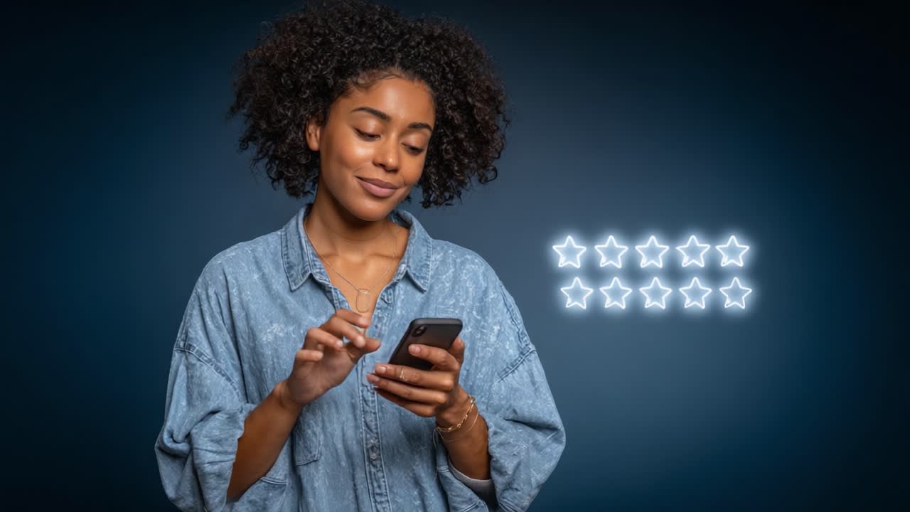 A Young Woman Engaging with Her Phone, Progressing from Unrated to Highly Rated With Stars Illuminating Her Positive Experience in a Dark Background