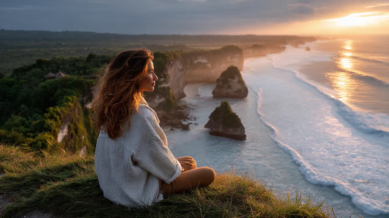 A Serene Moment by the Ocean: A Woman Contemplates the Sunset on a Cliffside Overlooking a Majestic Landscape and Tranquil Waves, Capturing the Beauty of Nature