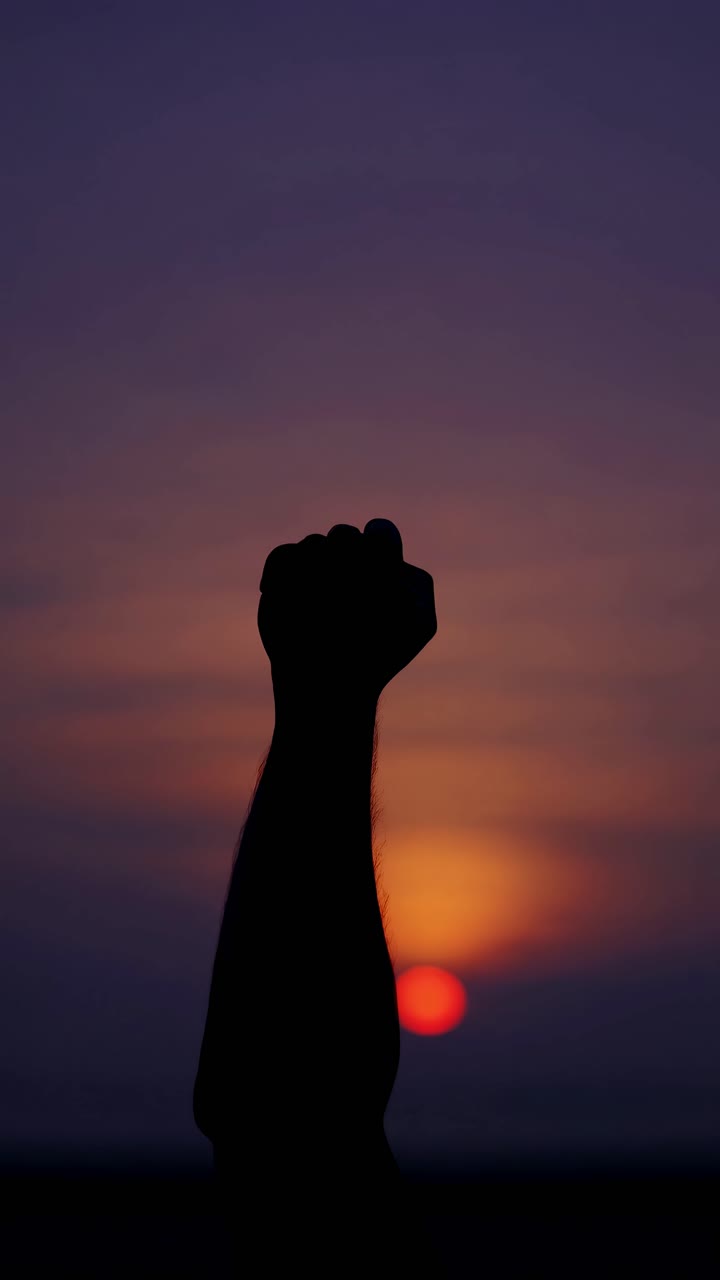 Silhouette of a raised fist against a sunset sky, captured from a low angle