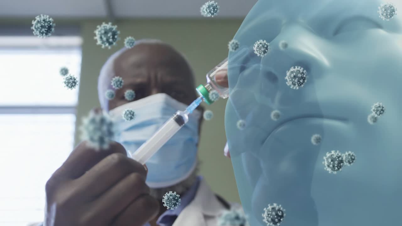 Masked Dr inserting syringe into vial filling aiming at blue face vaccinating amid floating virus