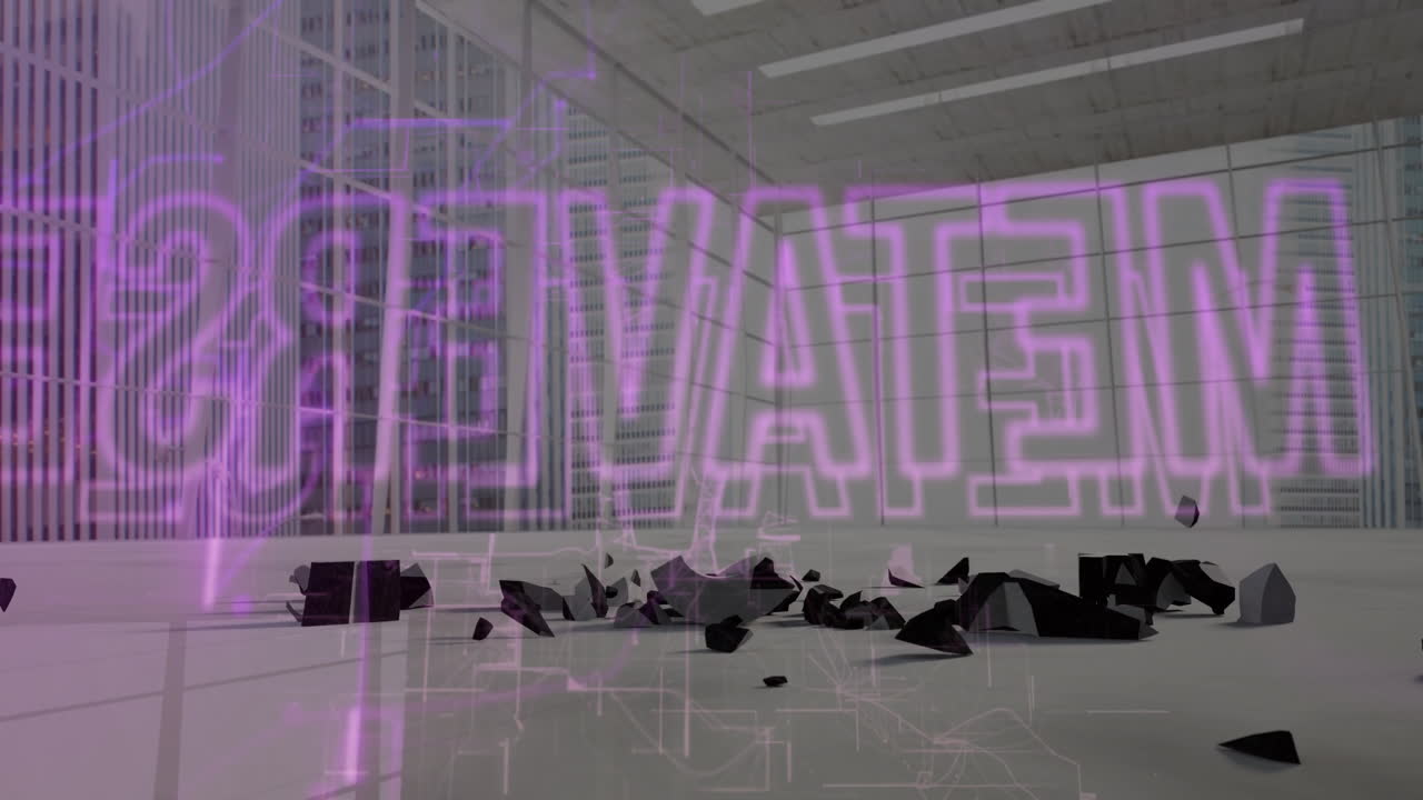 Purple ACTIVATED text animation over shattered black pieces in modern office space