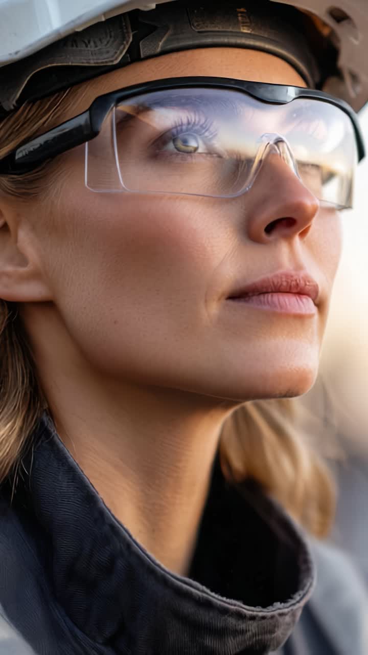 Profile of a Determined Woman in Safety Gear Reflecting on a Construction Site's Progress with Protective Glasses and Hard Hat Under Soft Evening Light