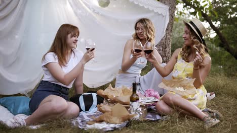 hen party outdoors. three pretty woman have a picnic, sitting on the plaid, drinking red wine. cheers. white sheet hanging on a trees