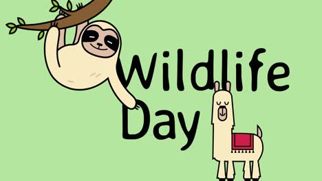 animation of wildlife day text and animals icons on green background