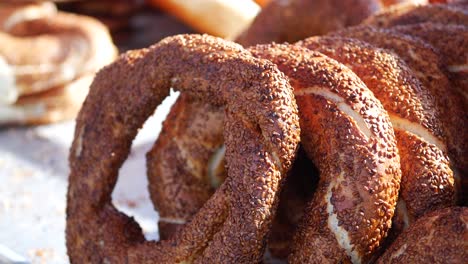 turkish simit - close-up of a stack of sesame bread