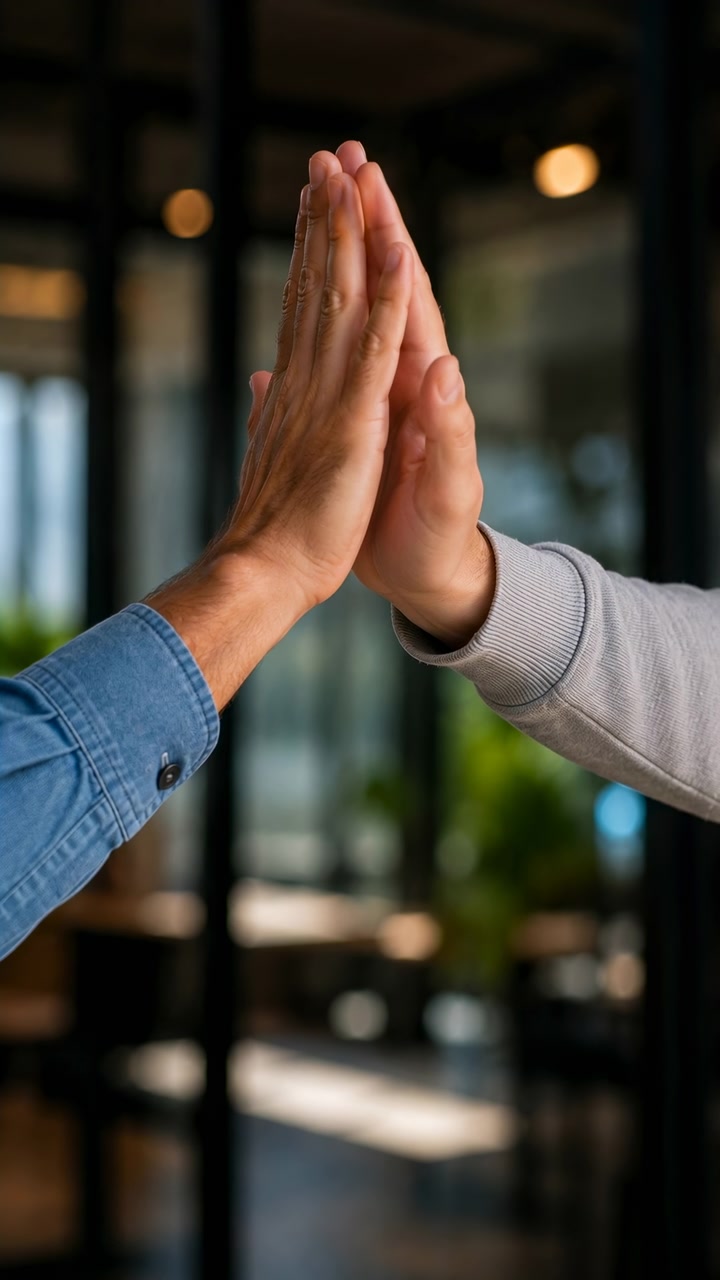 Due mani adulte si incontrano palmo a palmo in un primo piano su uno sfondo interno leggermente sfocato, con un braccio in una camicia di jeans blu e l'altro in una grigio chiaro.