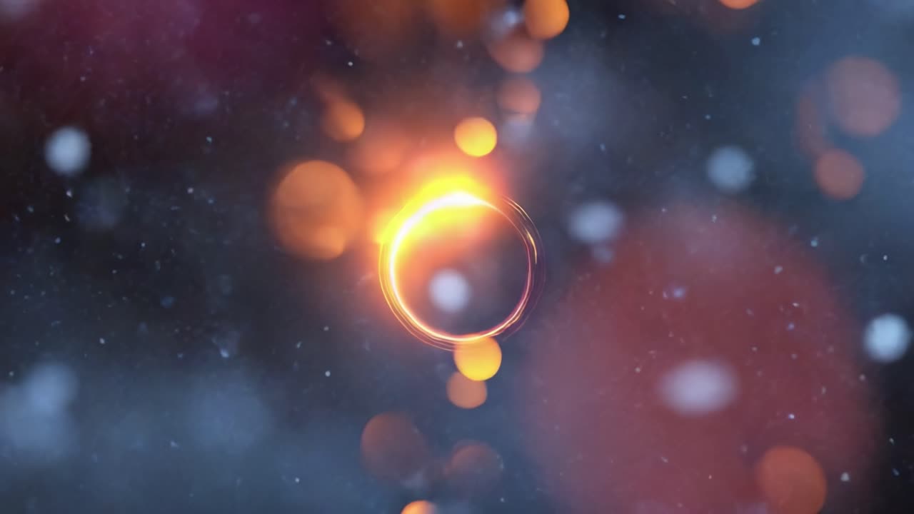 A mesmerizing visual of a glowing orb surrounded by vibrant bokeh lights and delicate snowflakes creates an enchanting atmosphere of wonder and magic
