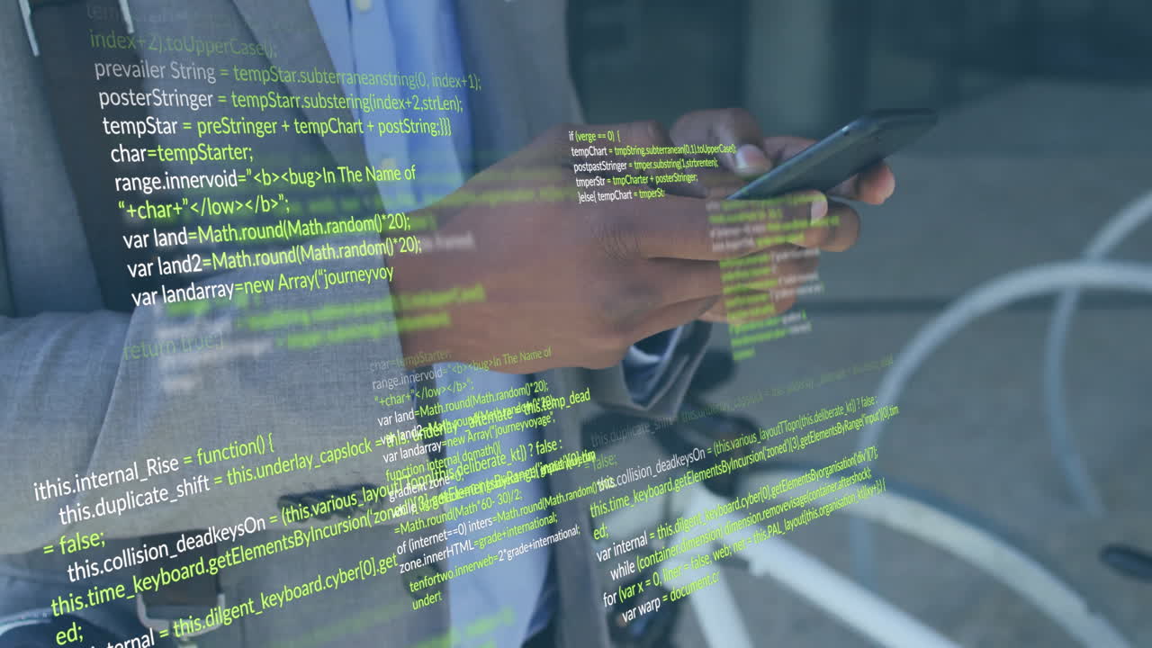 Animation of data processing over african american businessman using smartphone