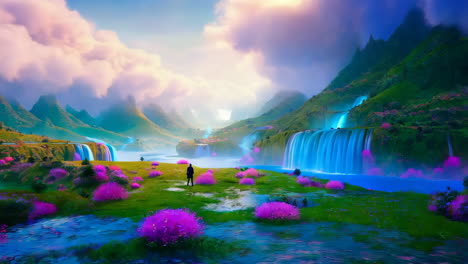 vibrant fantasy landscape with waterfalls and pink foliage