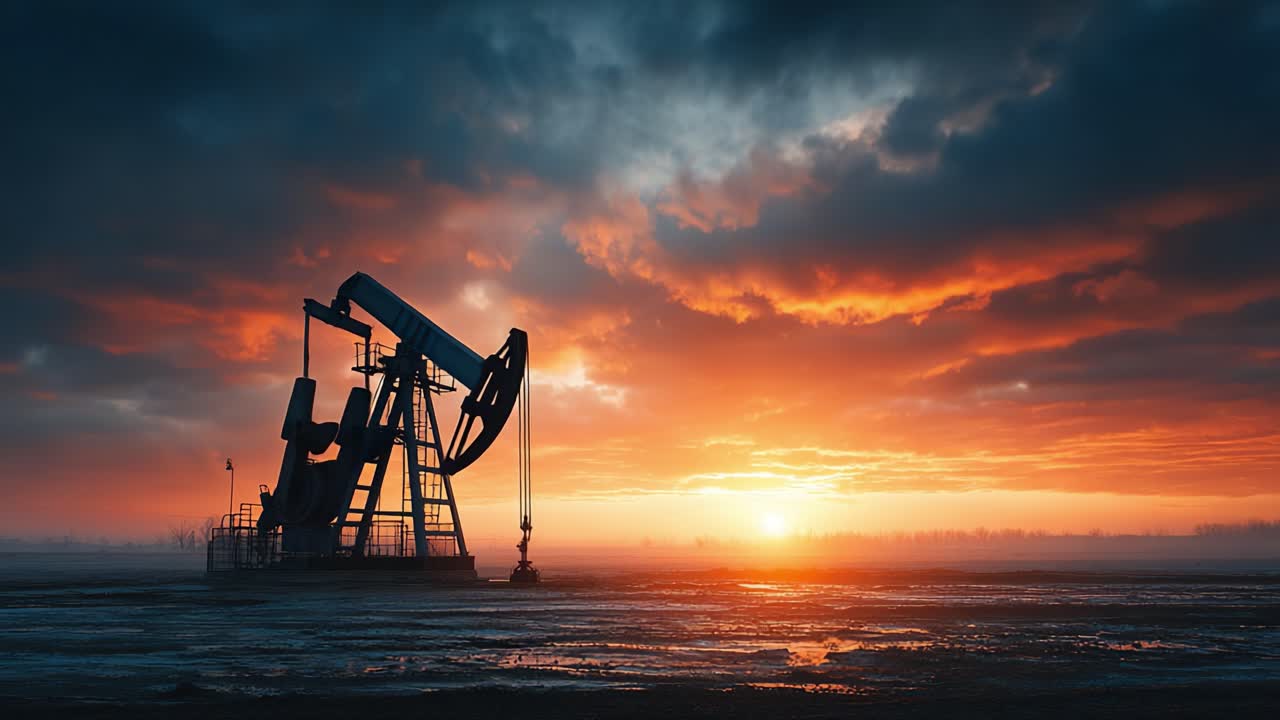 A breathtaking view of a lone pumpjack silhouetted against a dramatic sunset sky, highlighting the beauty of nature intertwined with industrial energy extraction