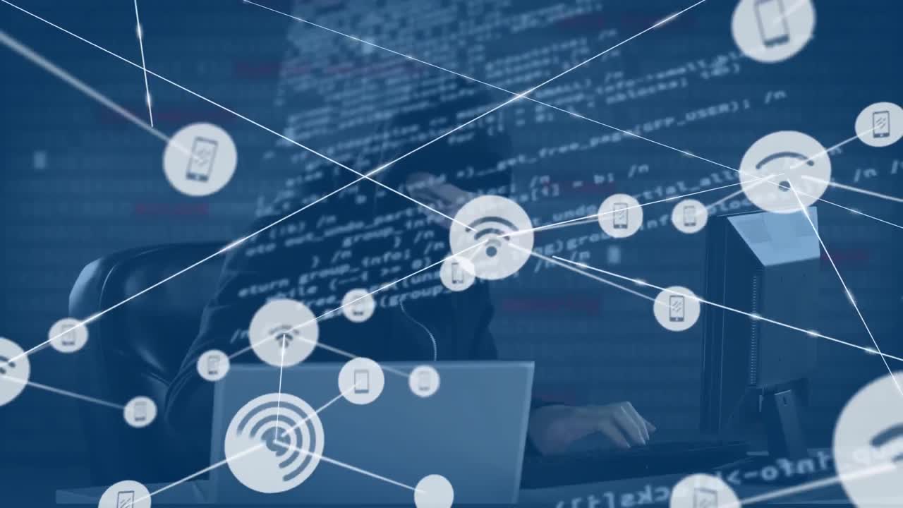 컴퓨터를 사용하여 해커를 통해 연결 네트워크의 애니메이션