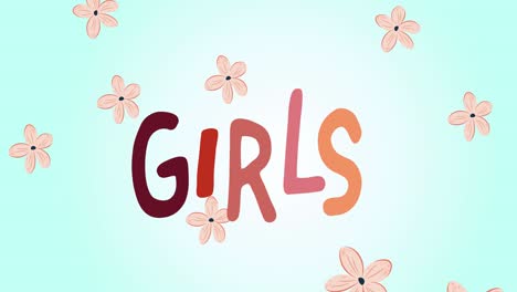 animation of girls text, over flying pink heart