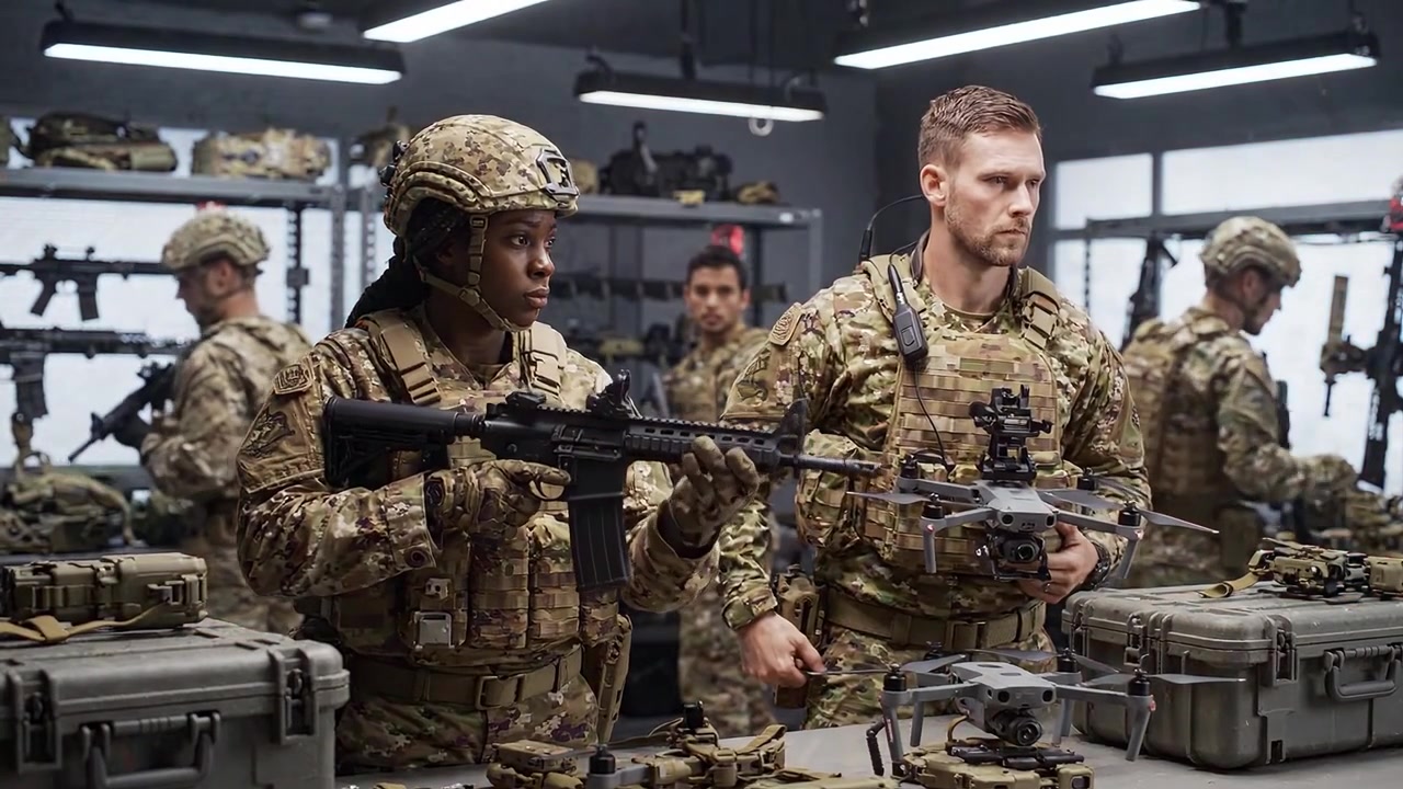 Soldati si preparano per la missione: equipaggiano armamenti avanzati e droni in un'officina dell'armeria militare per operazioni tattiche e addestramento migliorati.