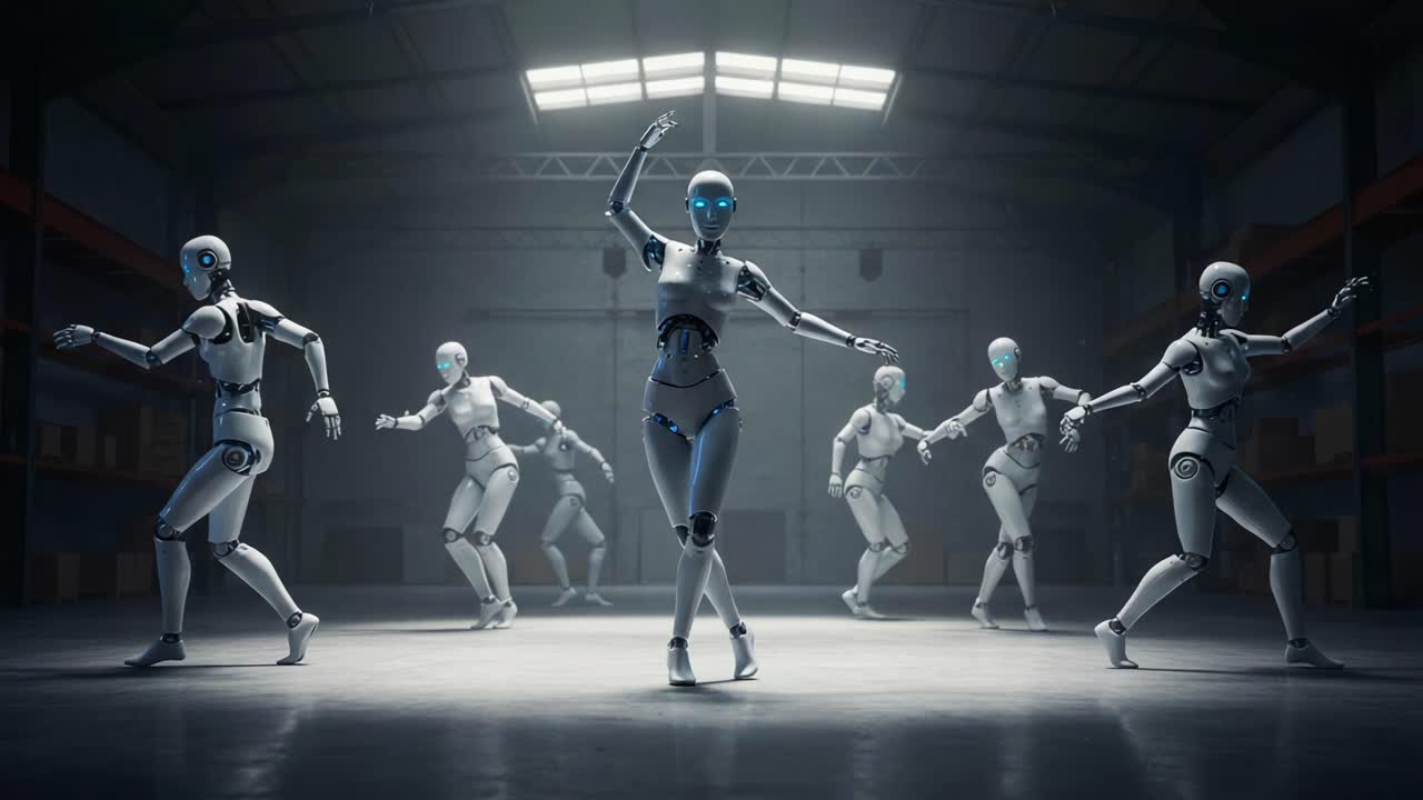 A Dynamic Scene of Robotic Dance Movements Captured in an Industrial Space, Showcasing the Futuristic Design and Coordination of Mechanized Dancers Under Dramatic Lighting