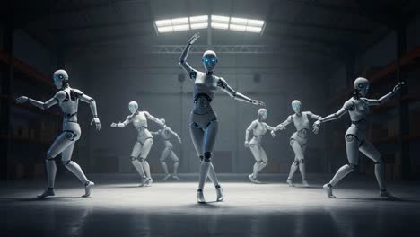 a dynamic scene of robotic dance movements captured in an industrial space, showcasing the futuristic design and coordination of mechanized dancers under dramatic lighting