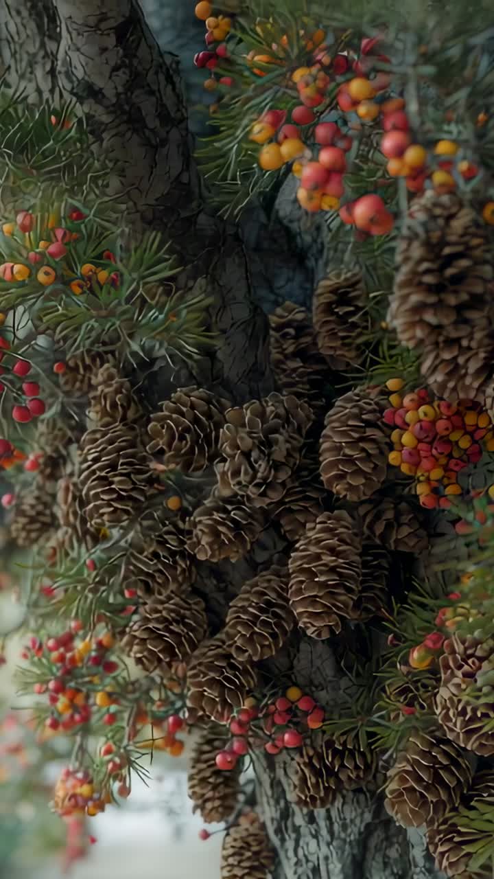 Vídeo vertical: câmera se movendo de close-up em pinhas em direção a frutos vermelhos e laranjas na floresta