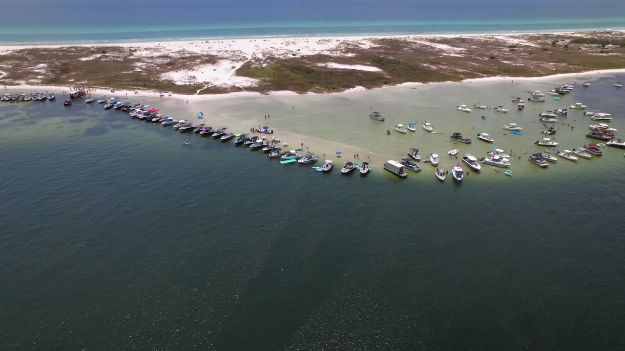 Shell Island Beach With Anchored Pontoon Boats For Rental In Panama City, Florida, USA