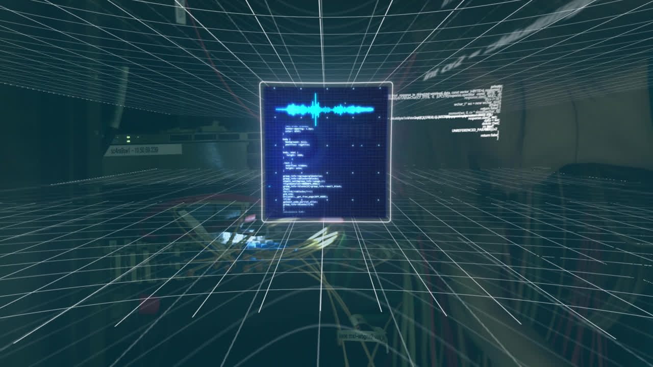 animación del procesamiento de datos sobre una ingeniera de ti caucásica que fija cables de un servidor de computadora