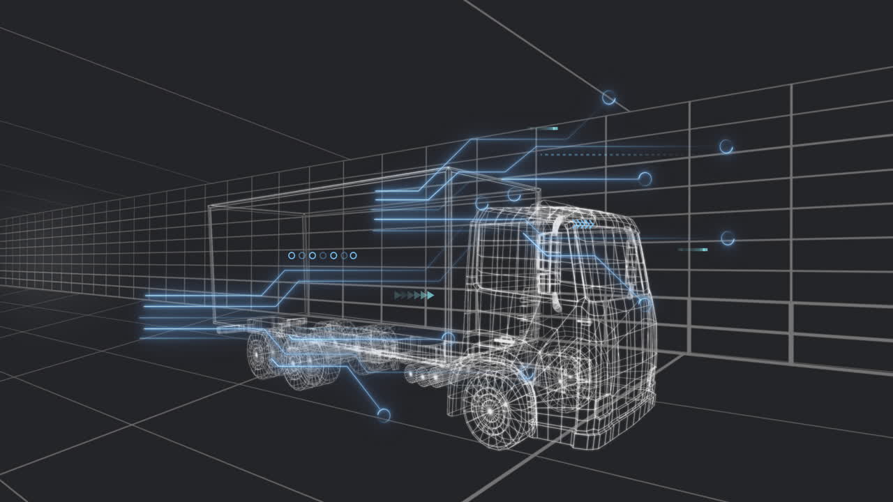 Animation of futuristic wireframe truck with digital data elements in school project